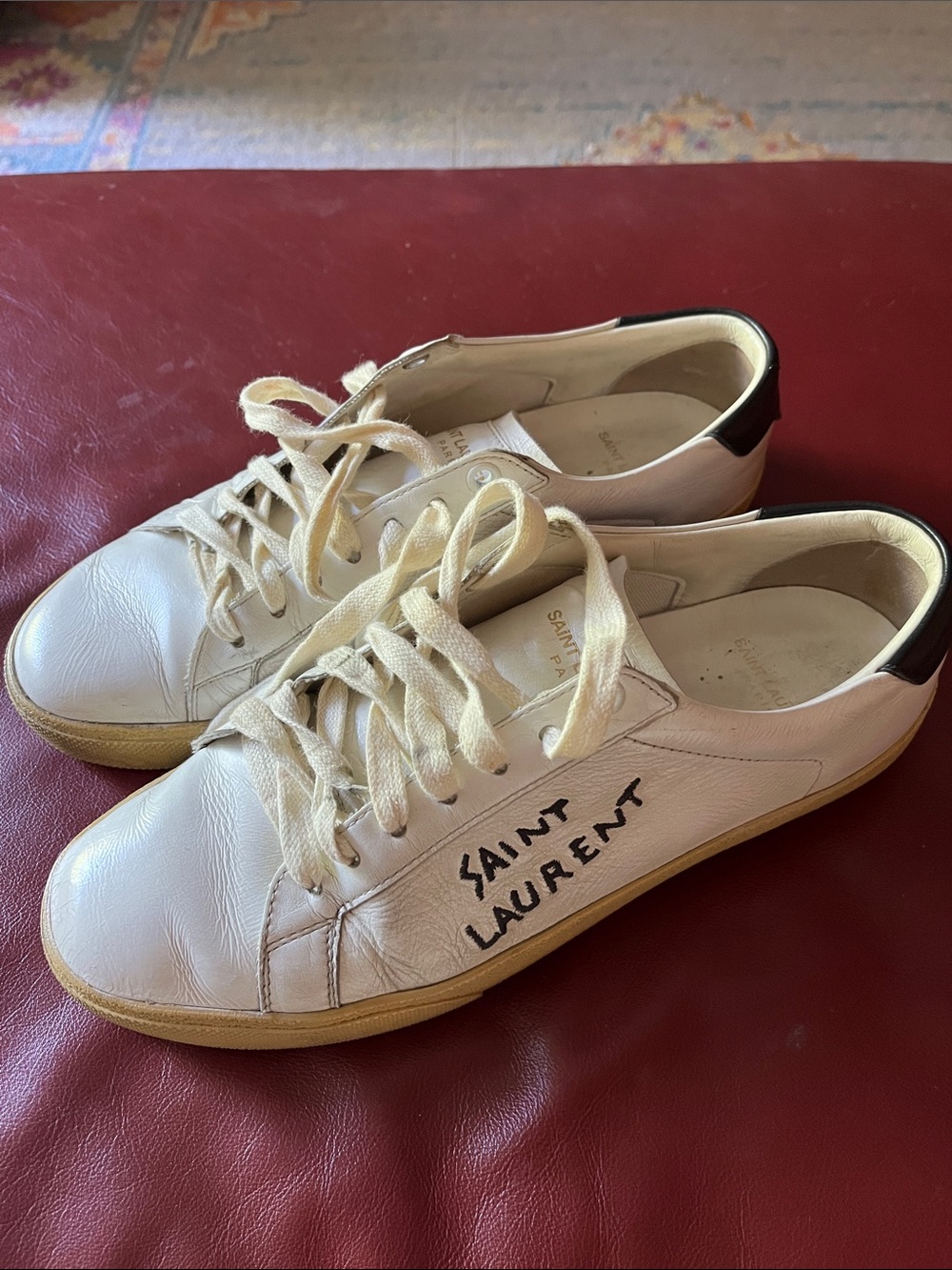 Saint Laurent White Leather Sneakers with Black Heel Tab and Tan Sole, size 9